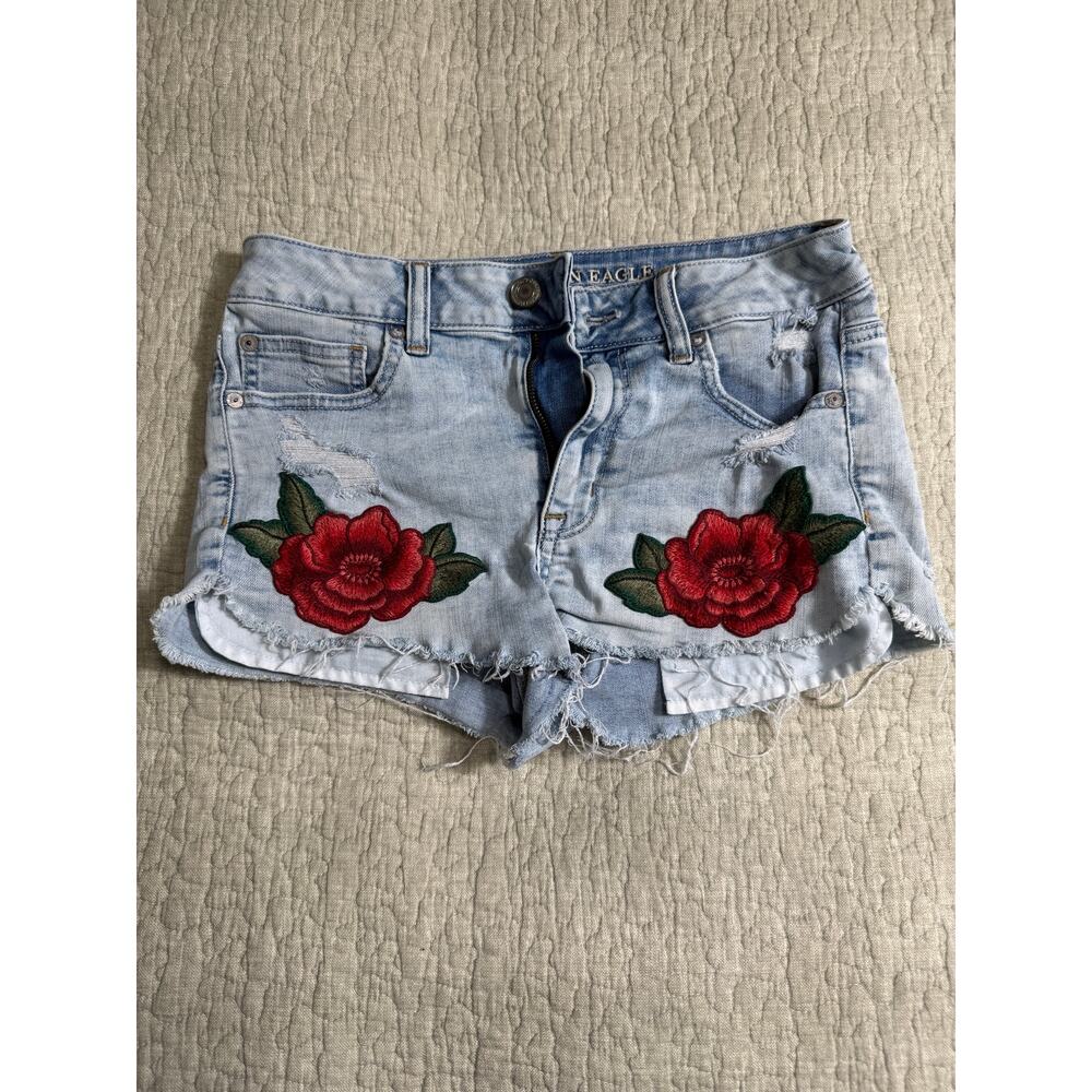 American Eagle Hi Rise Shortie Jean Denim Shorts Women's Sz 6 Boho Festival Edgy